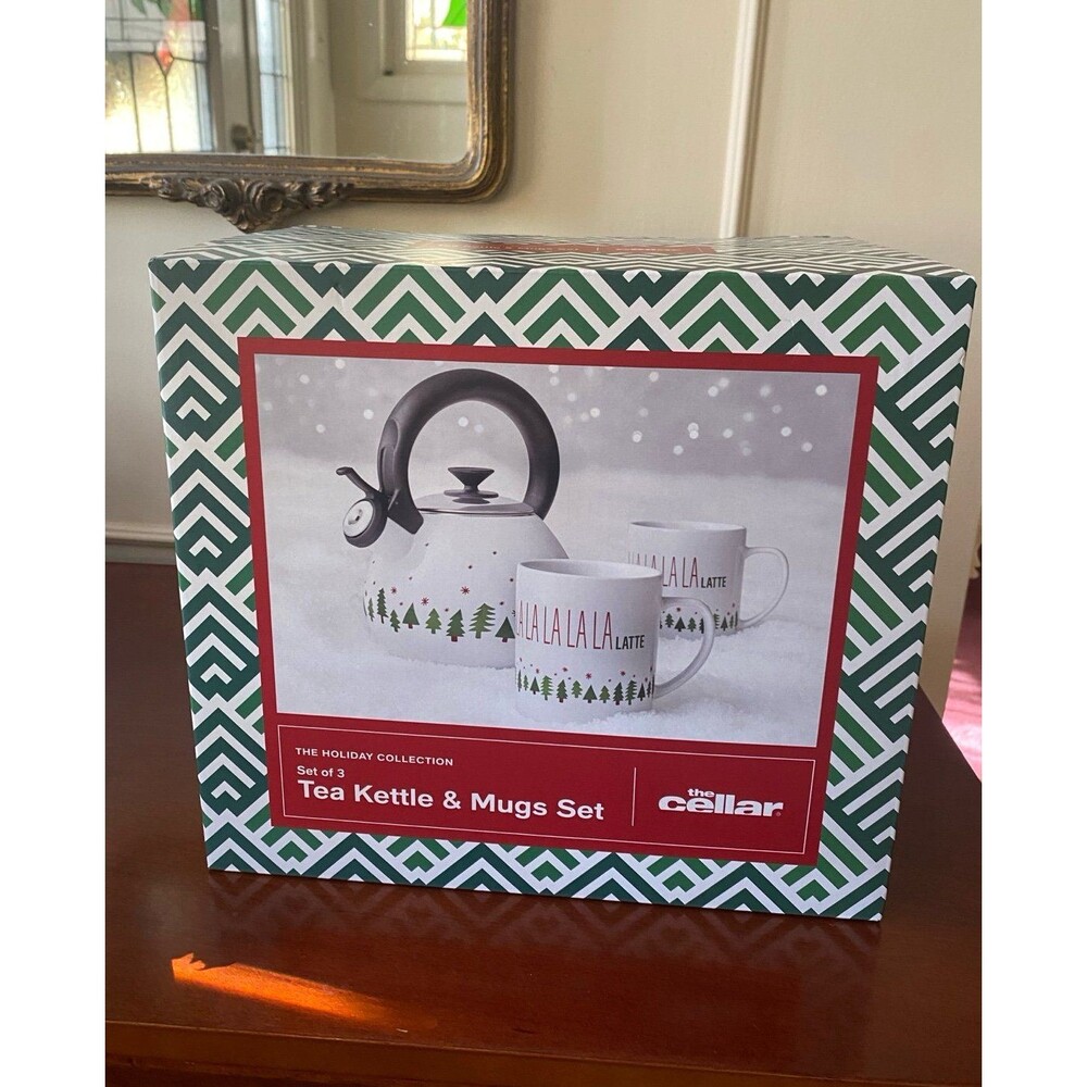 The Cellar Holiday Christmas Enamel Tea Kettle Stoneware Mug Set Host Gift NWT